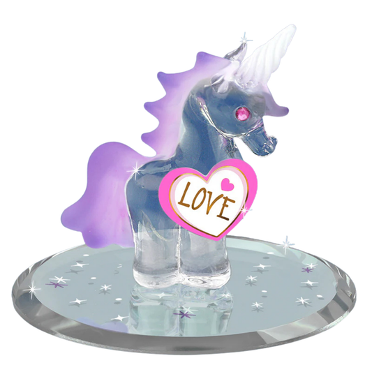 Glass unicorn figurine holding Love heart on star mirror base