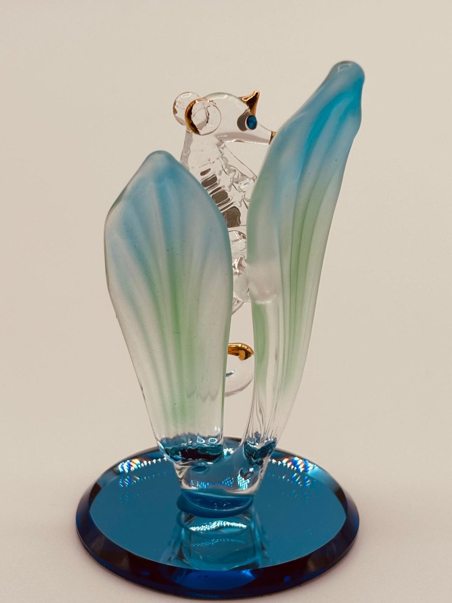Sea Horse in Sea Grass Glass Figurine | Handcrafted Ocean Decor with Crystal and Gold Accents