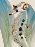 Sea Horse in Sea Grass Glass Figurine | Handcrafted Ocean Decor with Crystal and Gold Accents