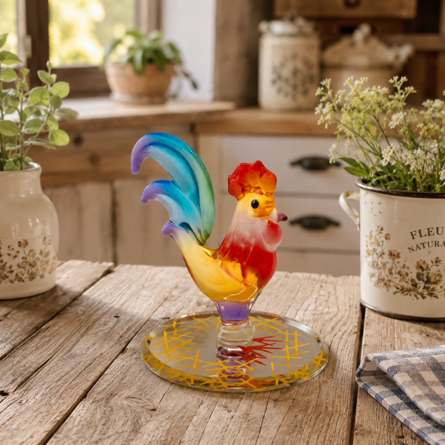 Rooster Glass Figurine Gift | Colorful Chicken Farmhouse Collectible Decor