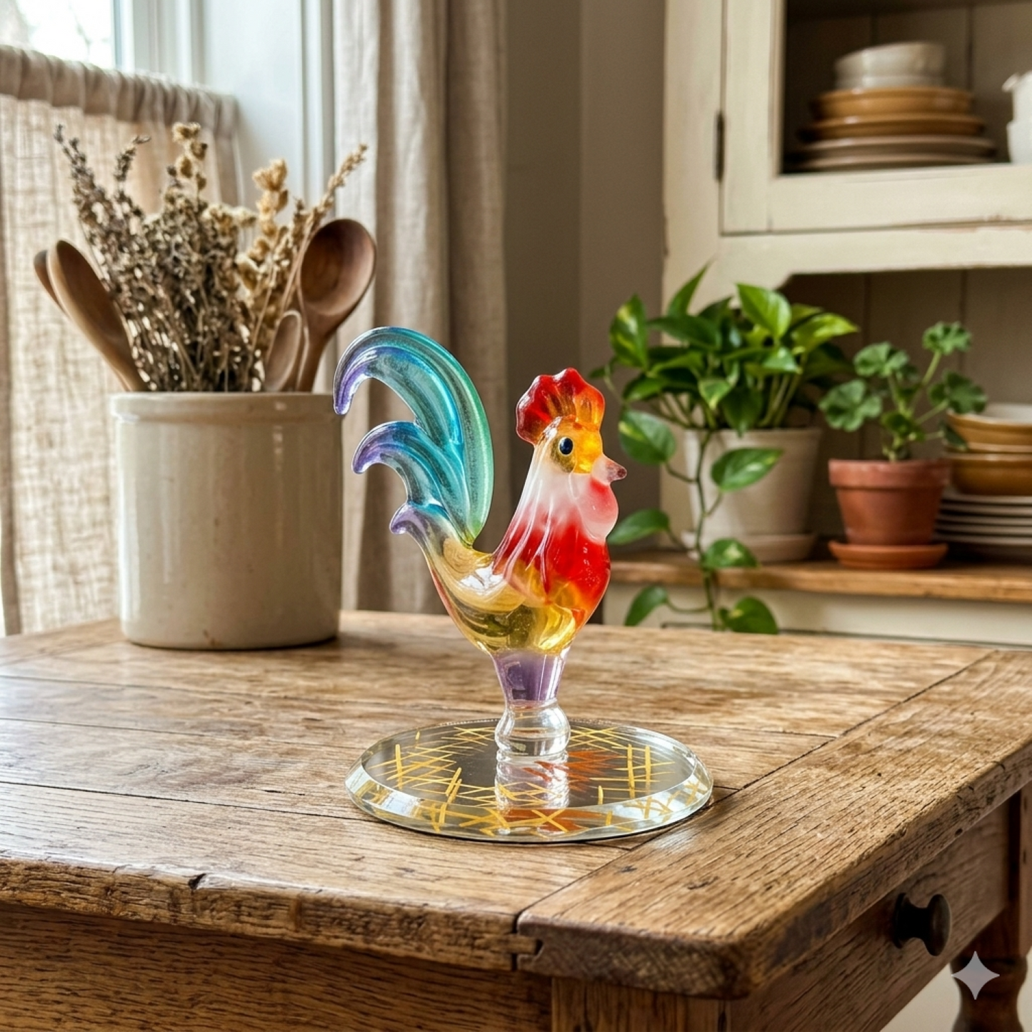 Rooster Glass Figurine Gift | Colorful Chicken Farmhouse Collectible Decor