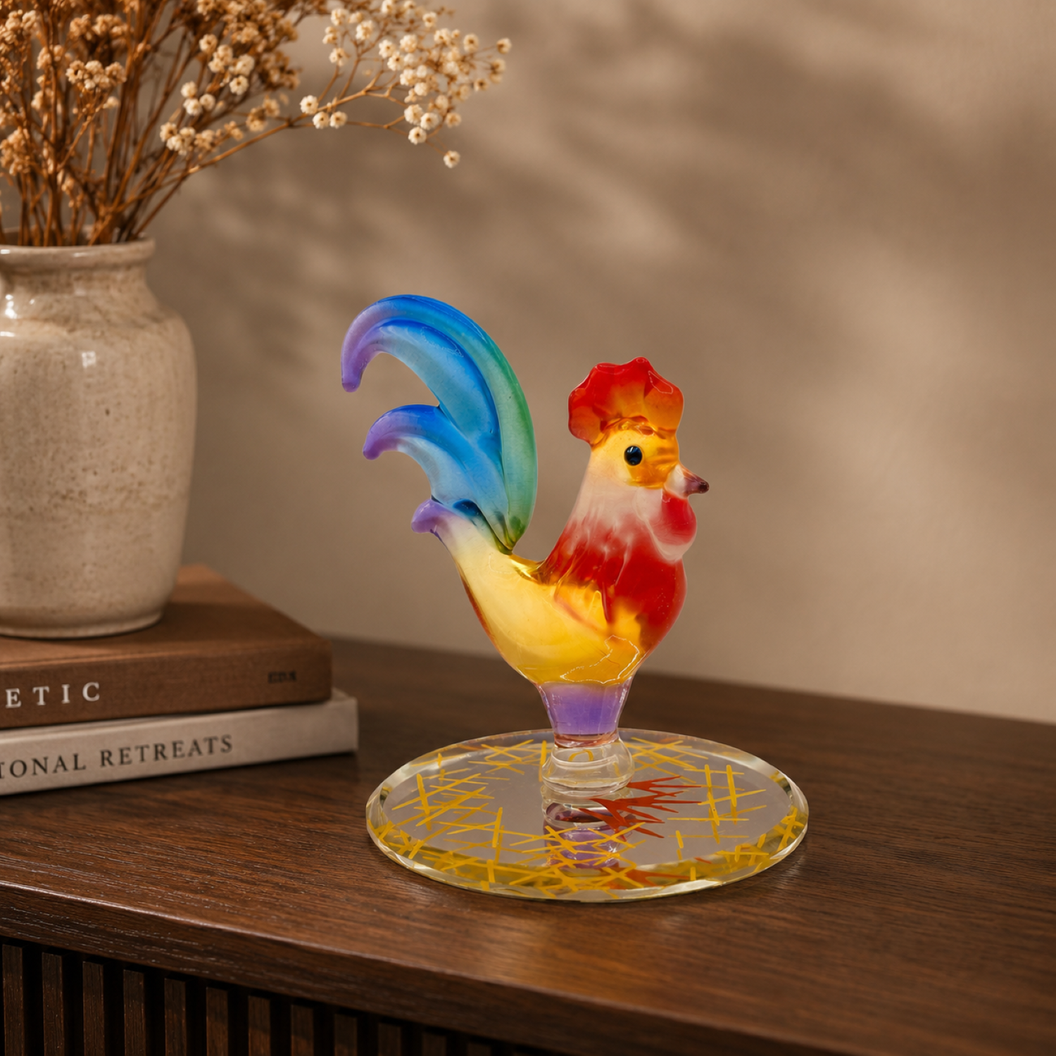 Handcrafted glass rooster figurine on a beveled mirror base with multicolor rooster design.
