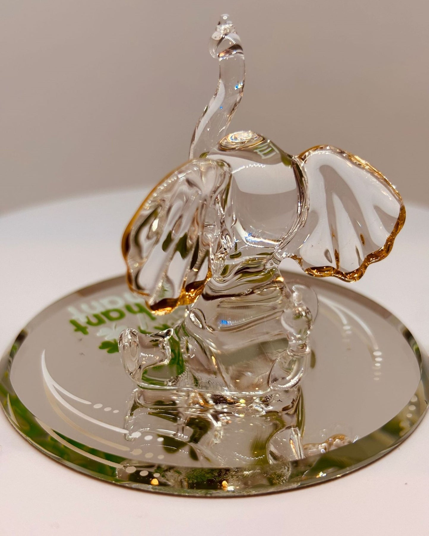 Lucky Elephant Figurine with Clover Handcrafted Glass Elephant with Green Crystal Eyes