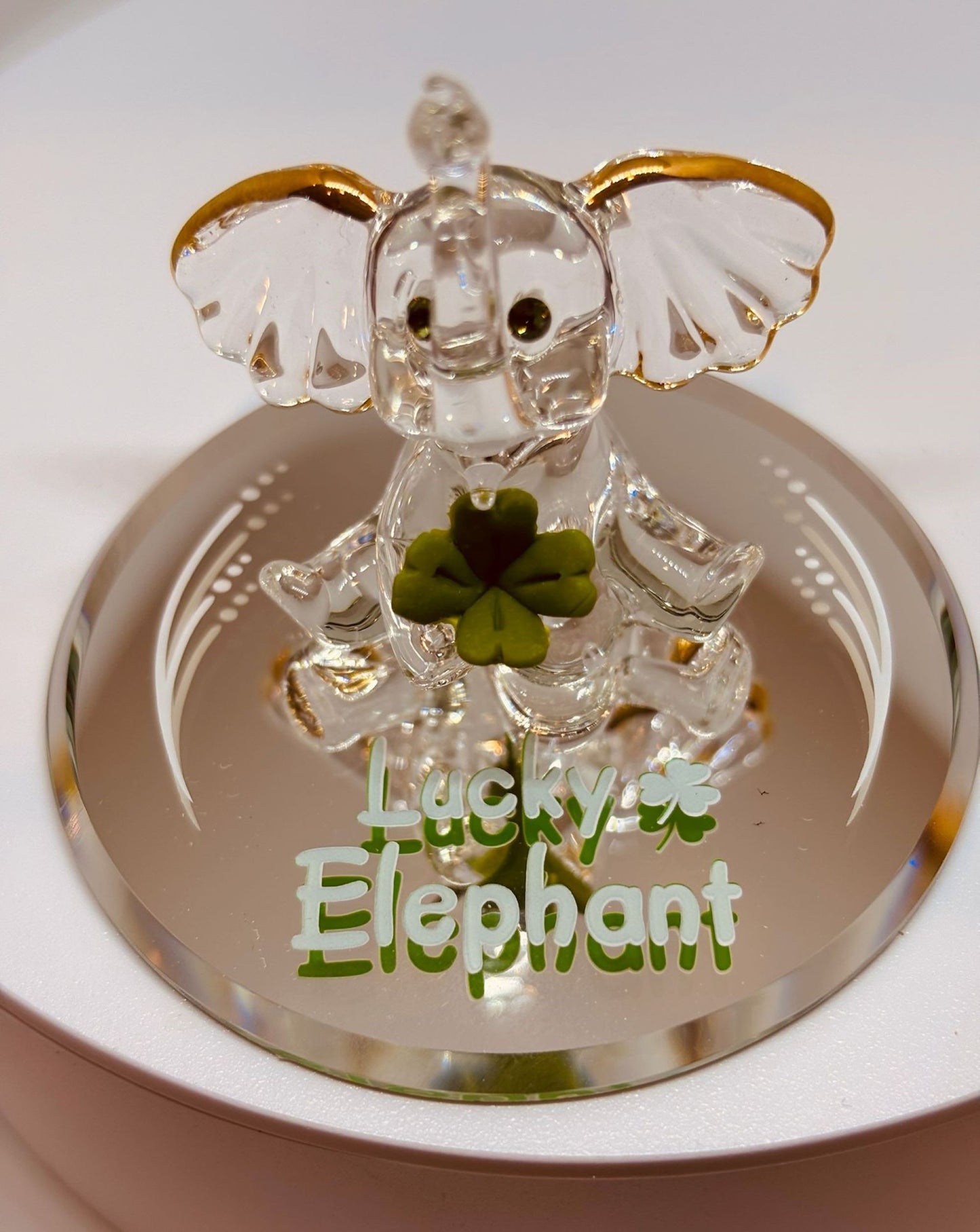 Lucky Elephant Figurine with Clover Handcrafted Glass Elephant with Green Crystal Eyes