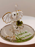 Lucky Elephant Figurine with Clover Handcrafted Glass Elephant with Green Crystal Eyes