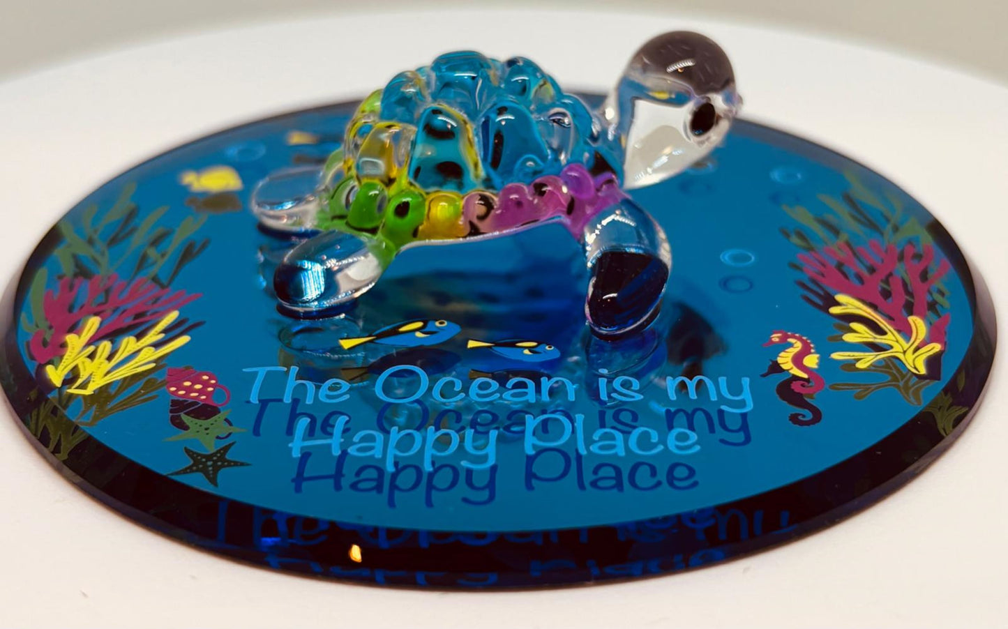 Sea Turtle Figurine "Happy Place" Ocean Beach Glass Decor with Crystals