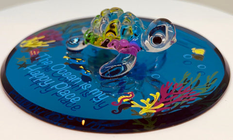 Sea Turtle Figurine "Happy Place" Ocean Beach Glass Decor with Crystals
