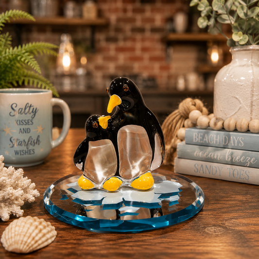 Handcrafted glass penguin and baby figurine with crystal accents and hand painted yellow details displayed on a beveled glass mirror base.