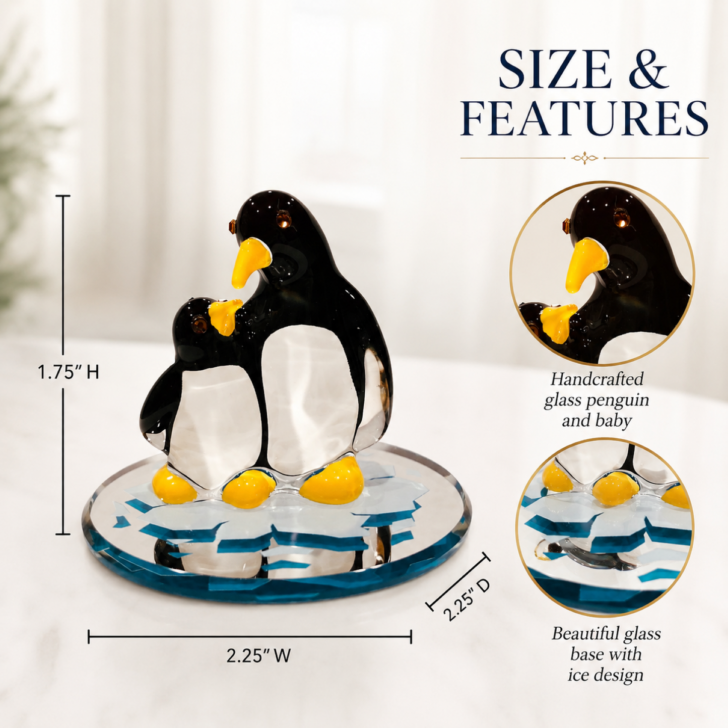 Penguin and Baby Glass Figurine Gift | Crystal Animal Collectible Winter Decor