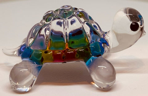 Handcrafted Tie-Dye Glass Turtle Figurine with Jet Black Crystal Eyes