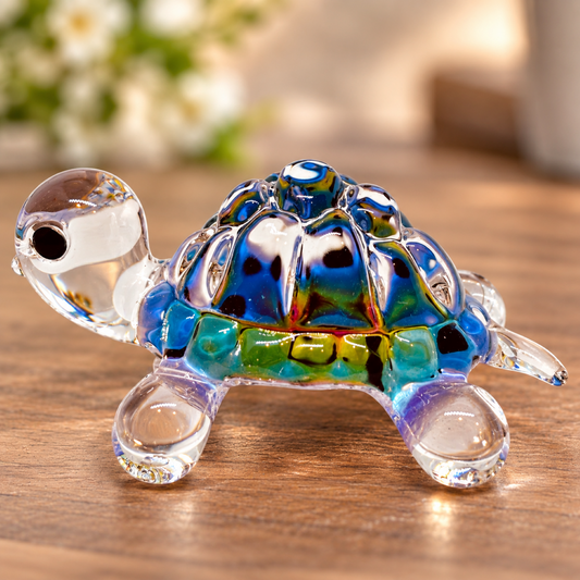 Handcrafted colorful glass tie-dye turtle figurine with green crystal eyes, blue and green shell, and clear glass flippers