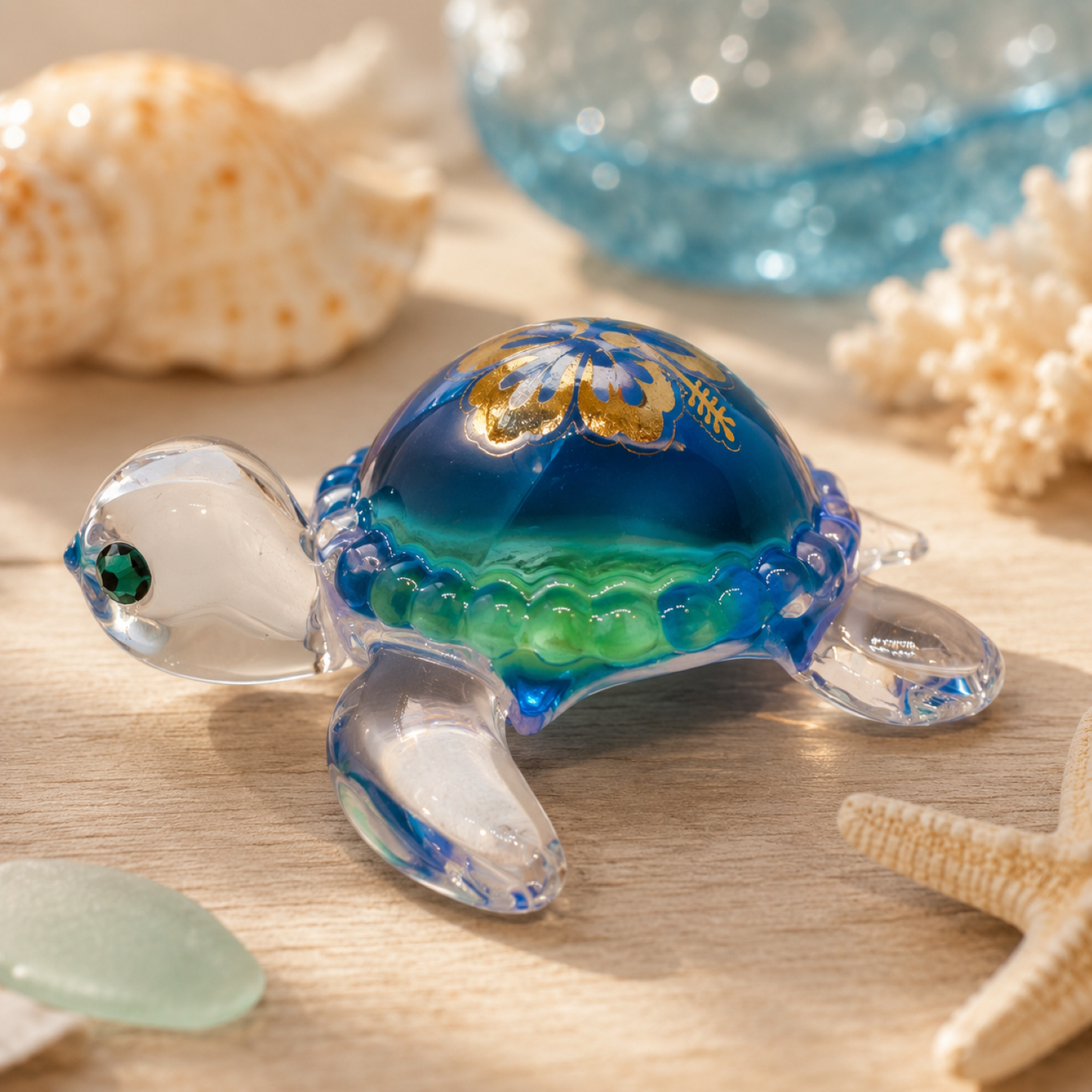 Handcrafted Baby Aloha sea turtle glass figurine with tropical flower shell design, crystal accents, and air brushed coastal detailing.
