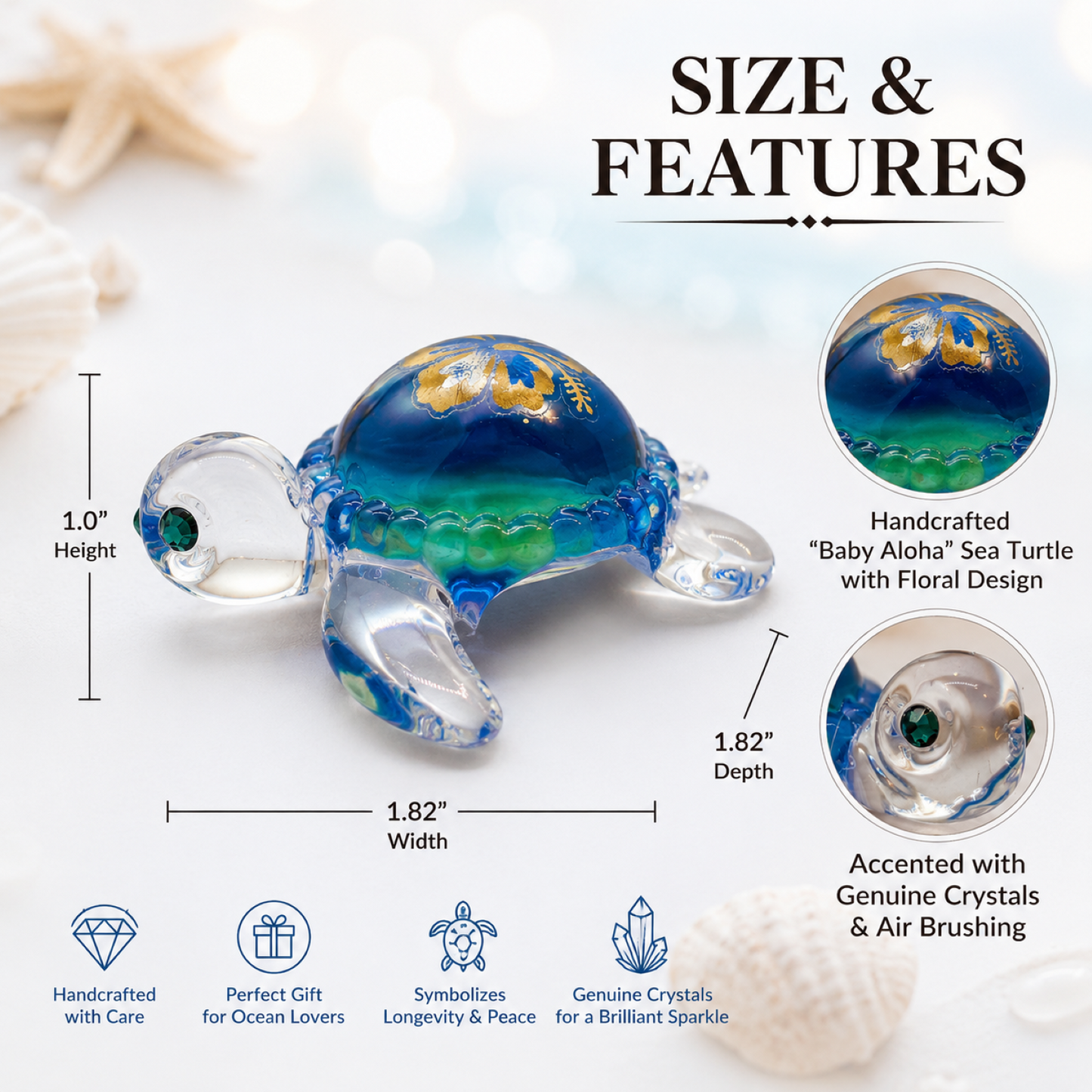 Baby Aloha Sea Turtle Glass Figurine Gift | Coastal Hawaiian Ocean Decor