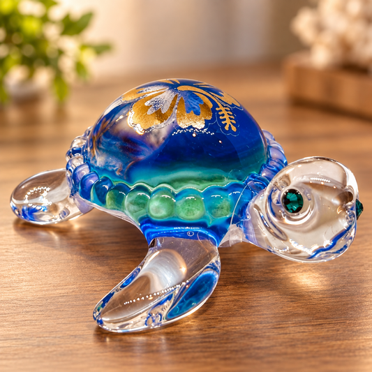 Handcrafted glass Baby Aloha sea turtle figurine with flower embossed shell, Genuine Crystals and Air Brushing