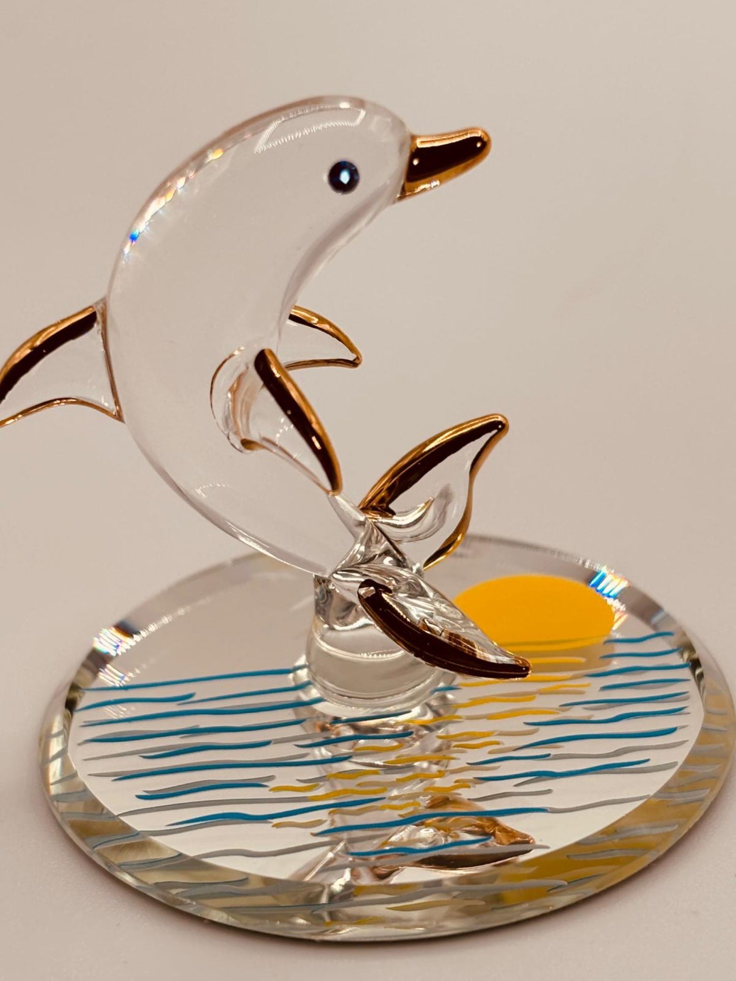 Sunset Dolphin Glass Figurine | Handcrafted Ocean Decor with Crystal and Gold Accents