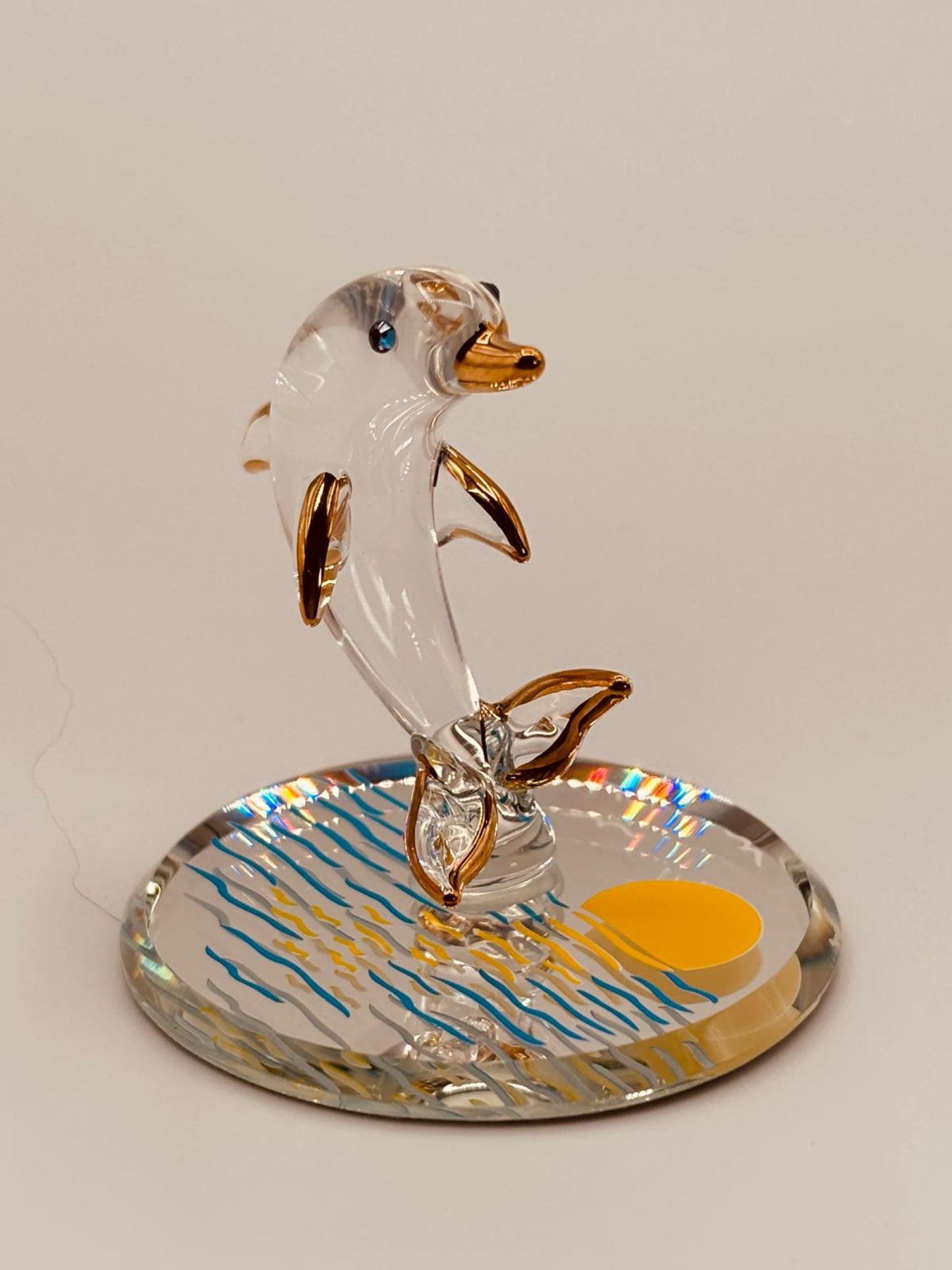 Sunset Dolphin Glass Figurine | Handcrafted Ocean Decor with Crystal and Gold Accents