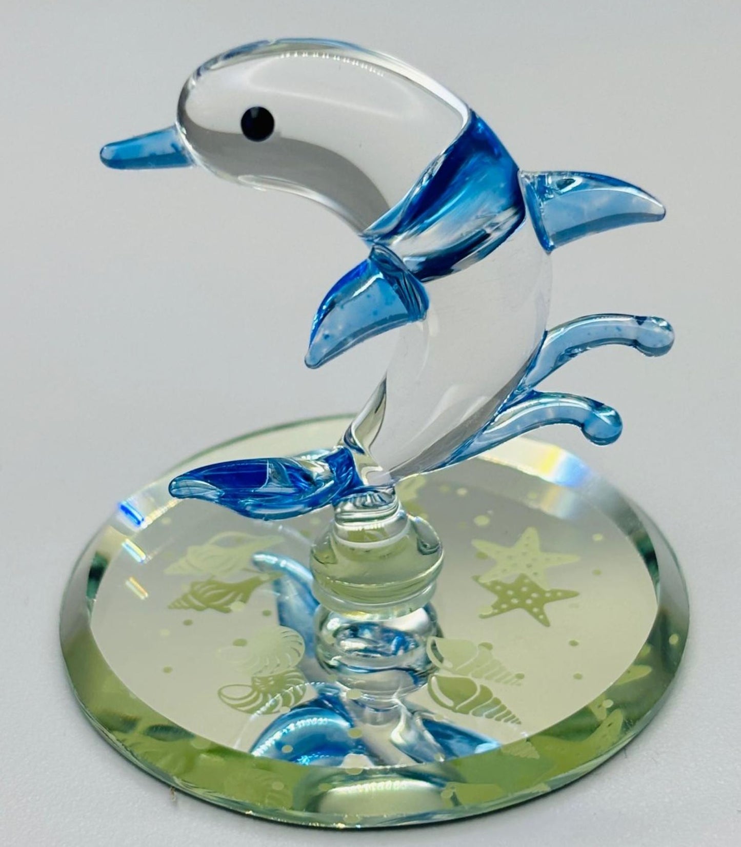 Glass Dolphin Figurine on Mirror Base Coastal Ocean Decor