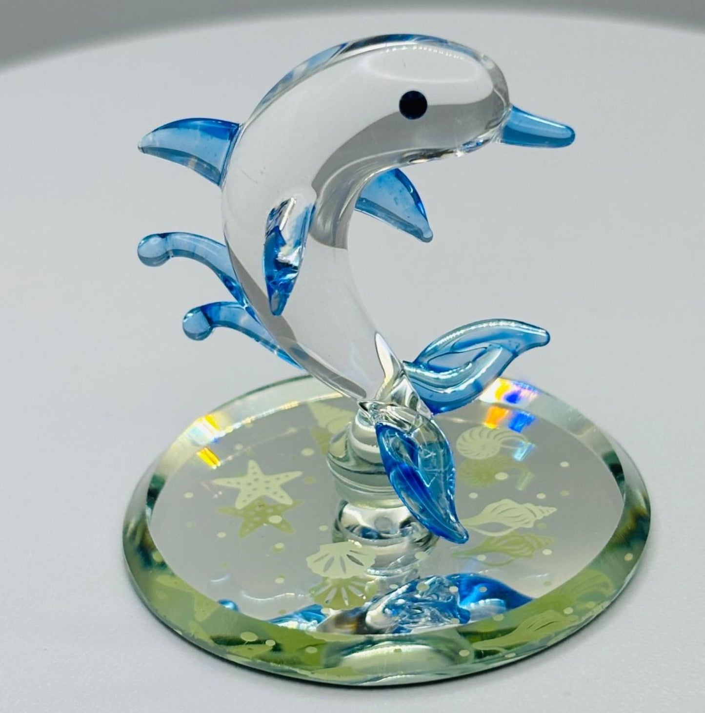 Glass Dolphin Figurine on Mirror Base Coastal Ocean Decor