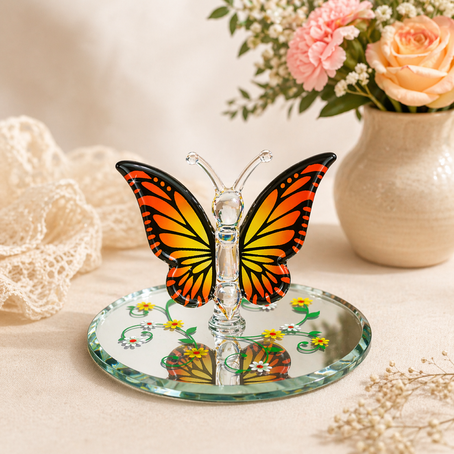 monarch butterfly glass figurine orange black butterfly decor on mirror base nature display piece