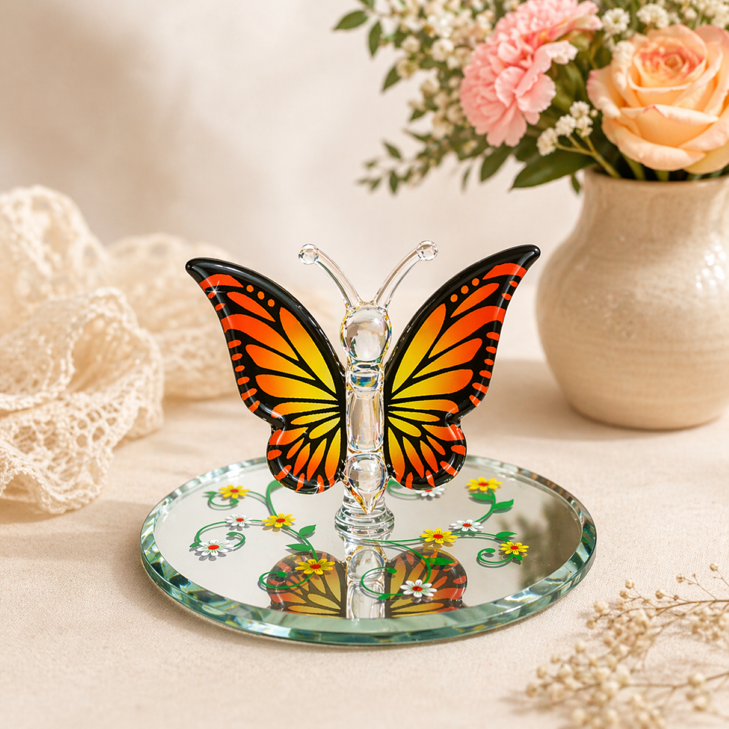 monarch butterfly glass figurine orange black butterfly decor on mirror base nature display piece
