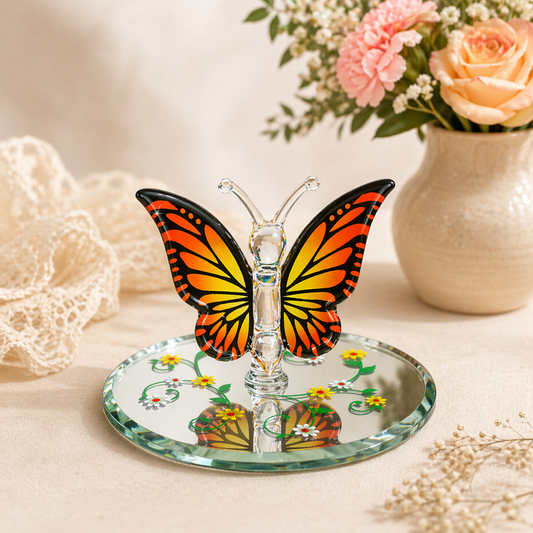 monarch butterfly glass figurine orange black butterfly decor on mirror base nature display piece