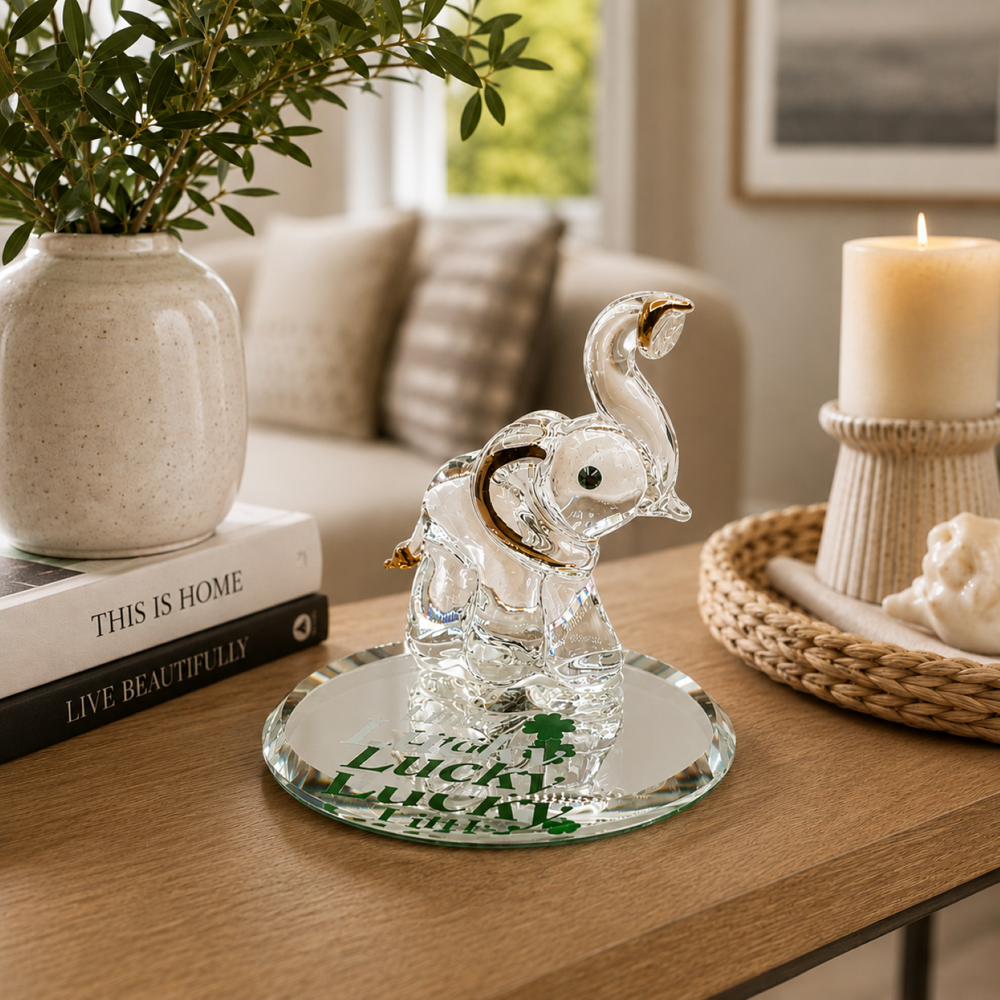Lucky Elephant Figurine | Glass Animal Collectible | Good Fortune Home Display Gift