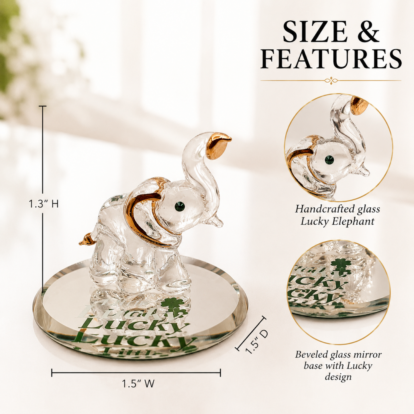 Lucky Elephant Figurine | Glass Animal Collectible | Good Fortune Home Display Gift