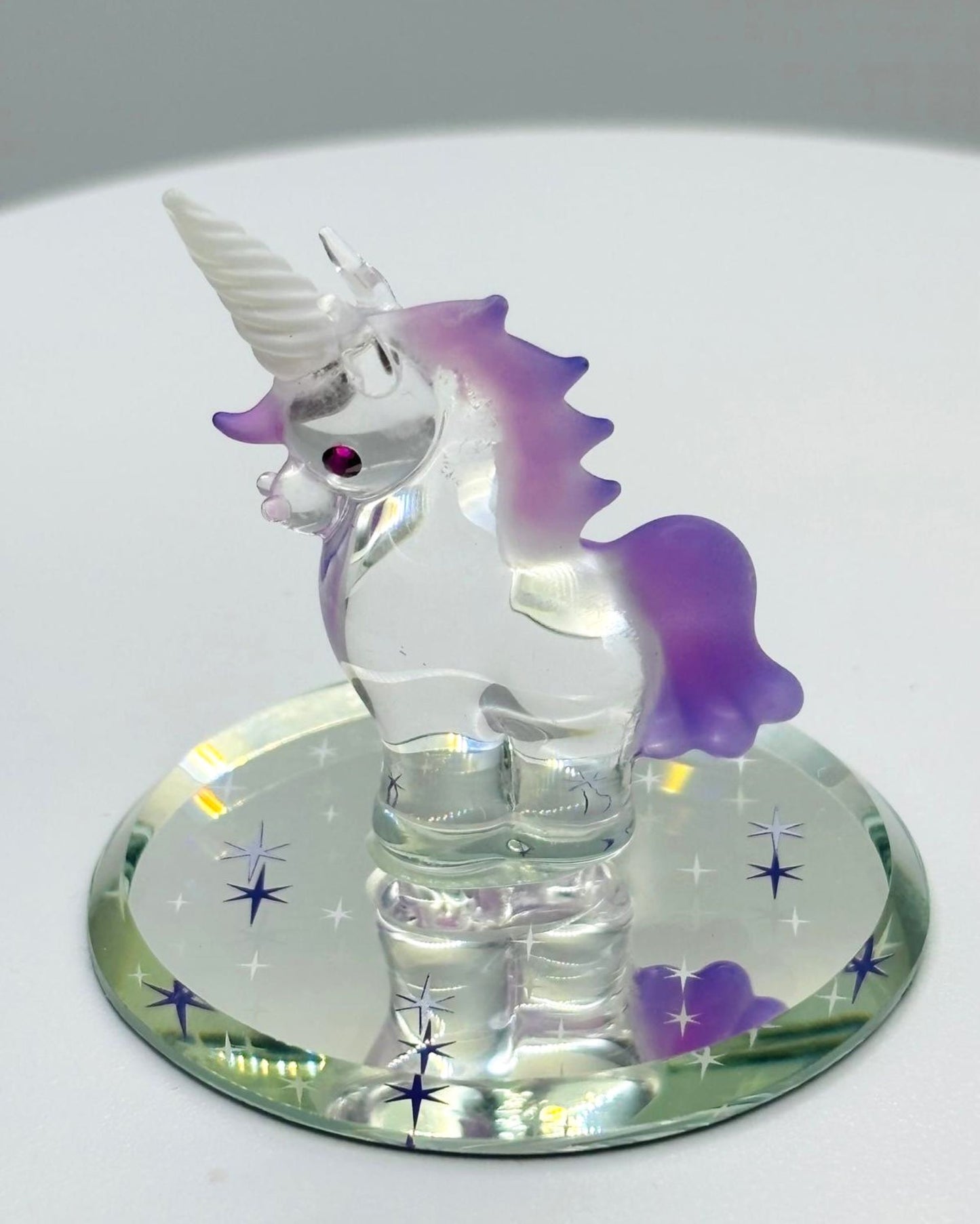 Glass Baby Unicorn Figurine Handcrafted Purple Mane Fantasy Collectible Decor