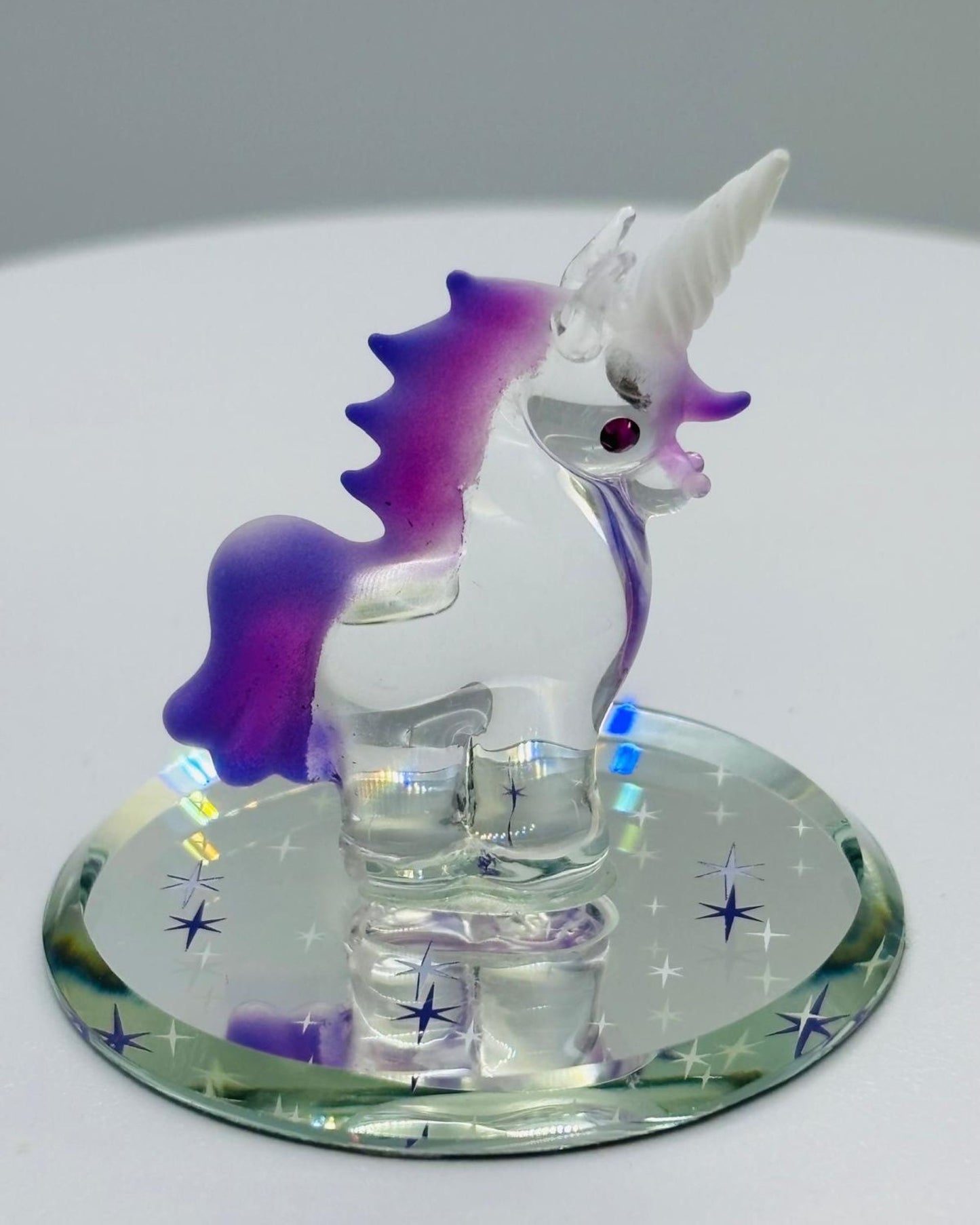 Glass Baby Unicorn Figurine Handcrafted Purple Mane Fantasy Collectible Decor