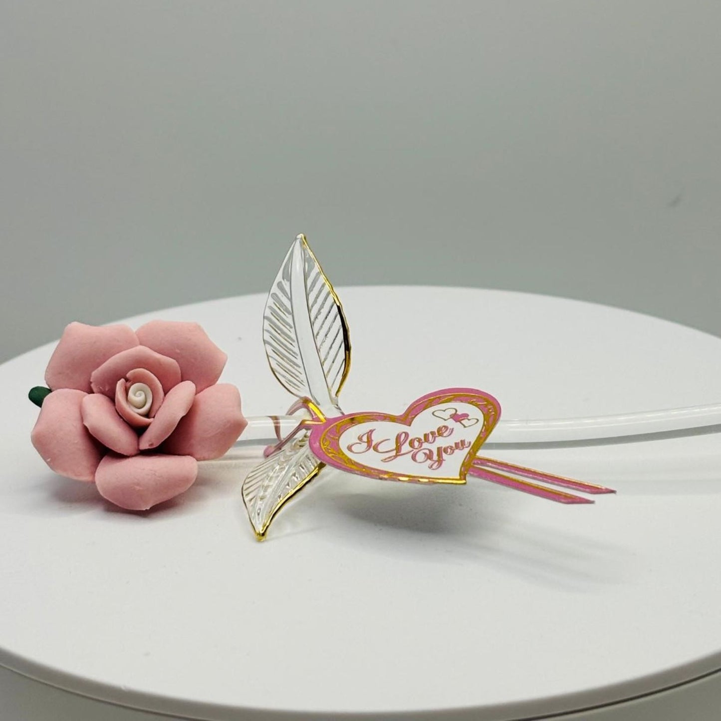 Small handcrafted pink rose glass figurine with I Love You heart message and gold trim detail
