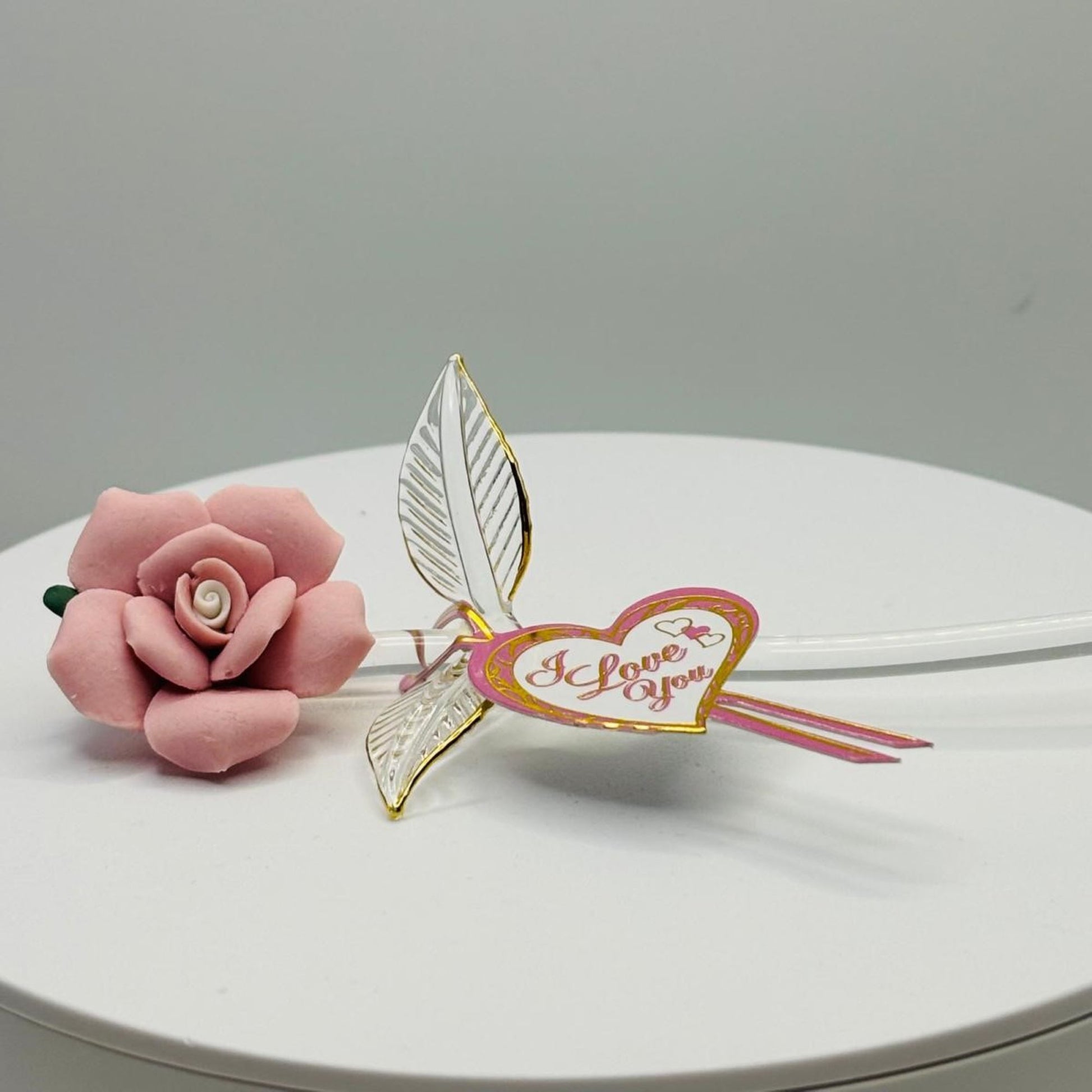 Small handcrafted pink rose glass figurine with I Love You heart message and gold trim detail
