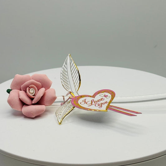 Small handcrafted pink rose glass figurine with I Love You heart message and gold trim detail