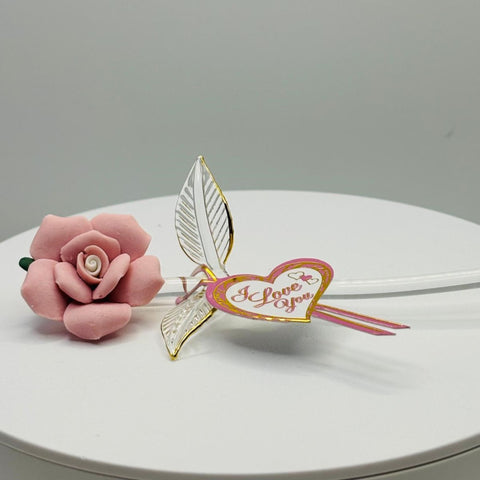 Small handcrafted pink rose glass figurine with I Love You heart message and gold trim detail