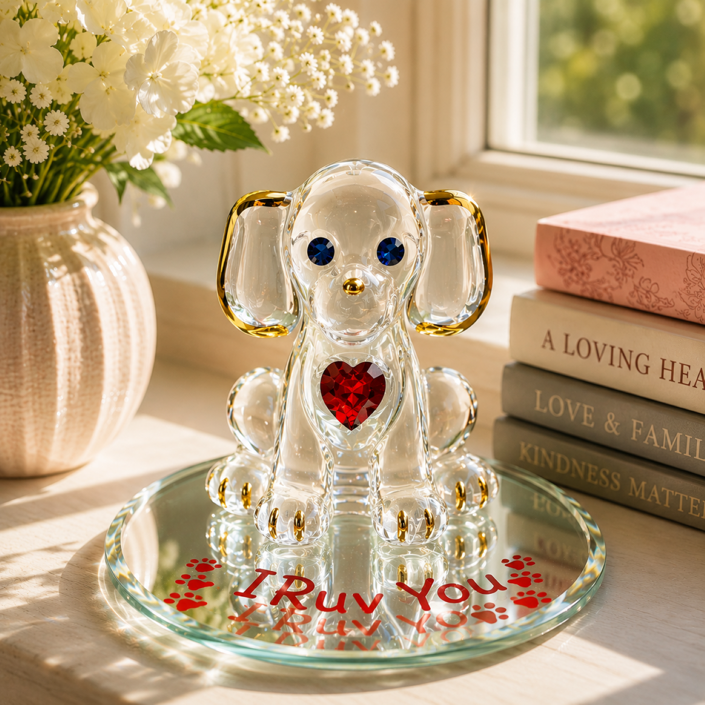 Dog Lover Gift Glass Puppy Figurine Crystal Heart Pet Memorial Home Decor