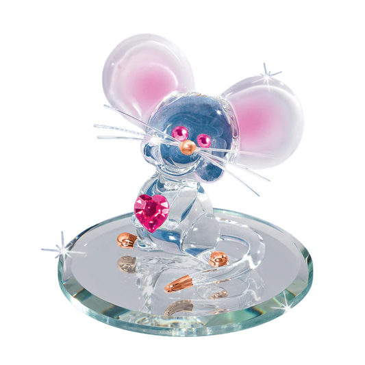 Glass mouse figurine with pink ears and crystal heart on mirror base