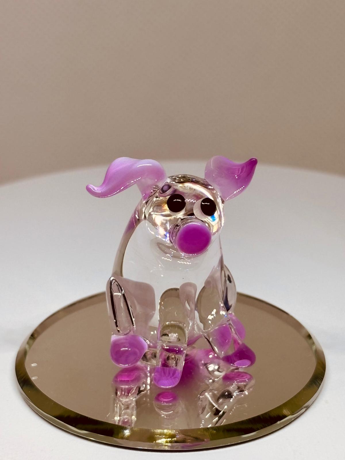 Glass Pig Figurine with Pink Ears | Handcrafted Pig Decor on Mirror Base