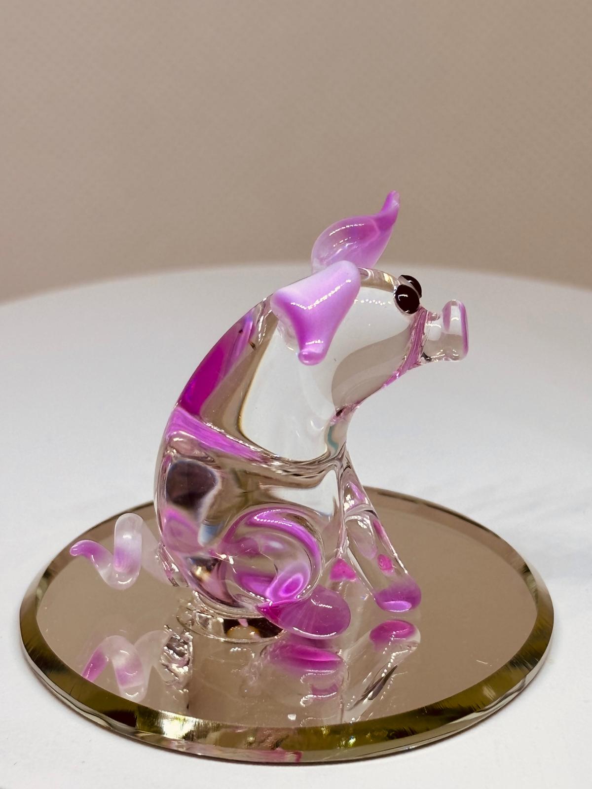 Glass Pig Figurine with Pink Ears | Handcrafted Pig Decor on Mirror Base