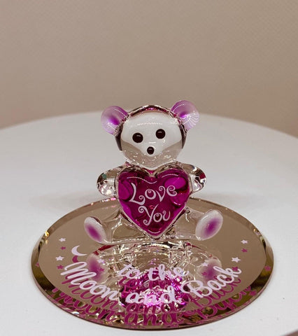 Handcrafted Moon and Back bear figurine holding a Love You heart on a glass mirror base with embossed love message