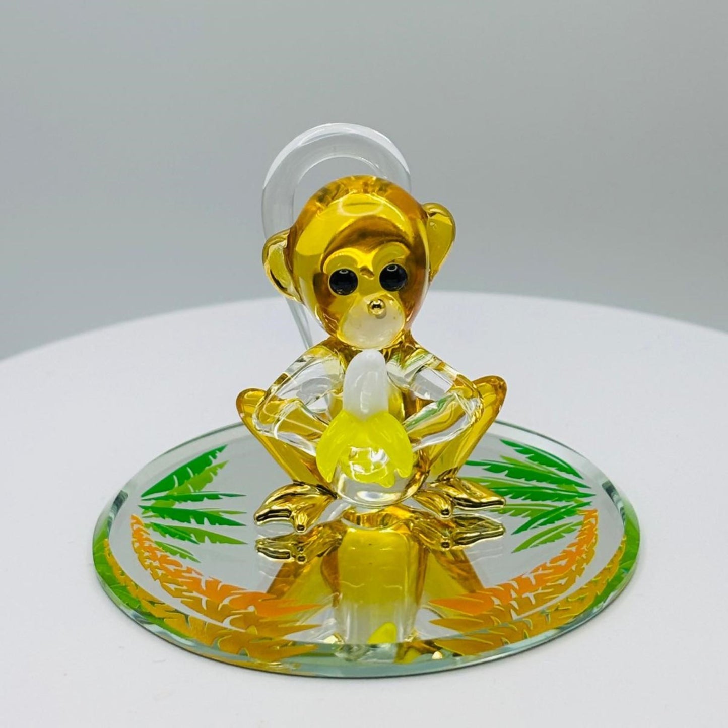 Monkey with Banana Glass Figurine | Handcrafted Monkey Collectible Gift Animal Decor