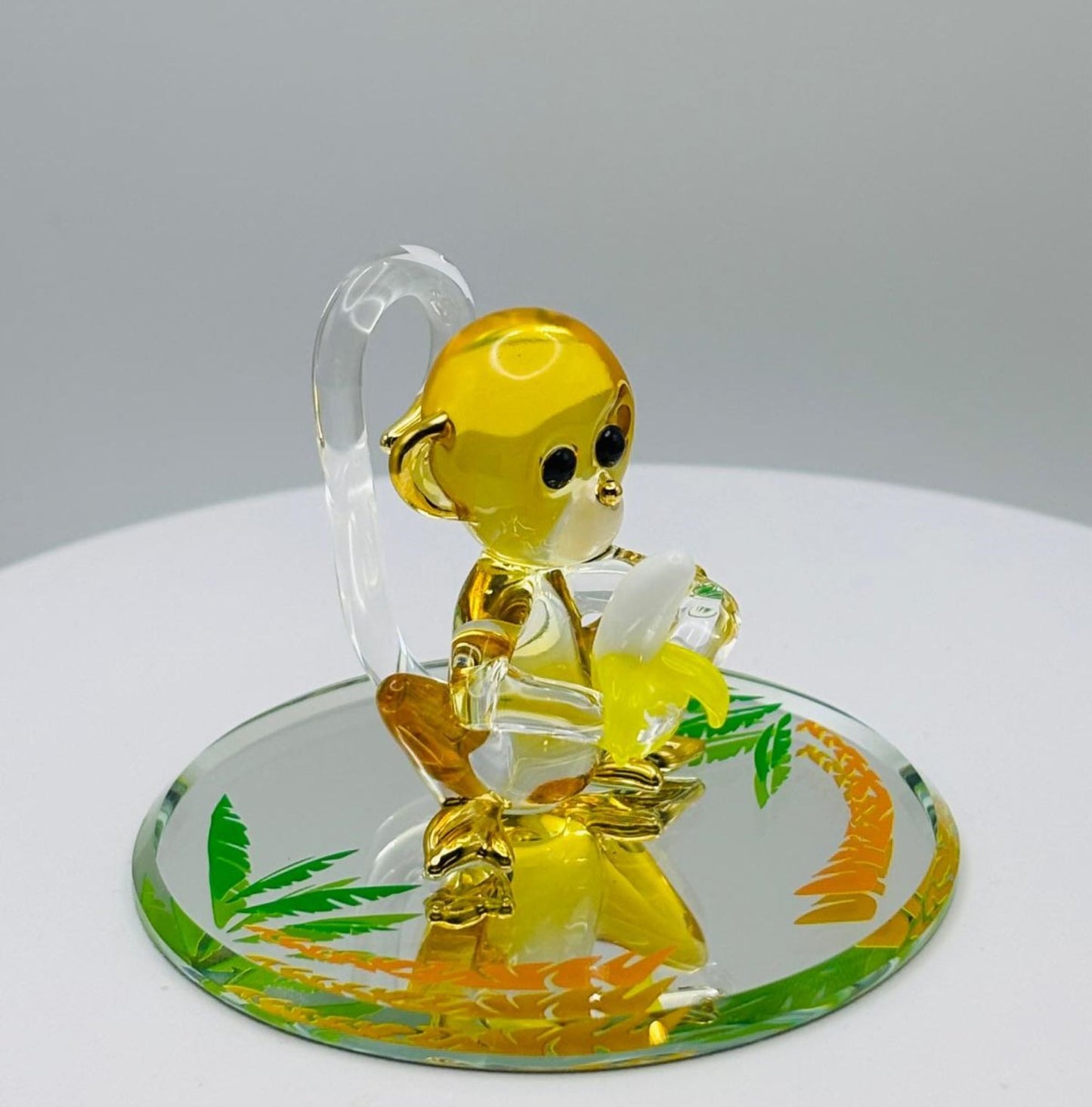 Monkey with Banana Glass Figurine | Handcrafted Monkey Collectible Gift Animal Decor