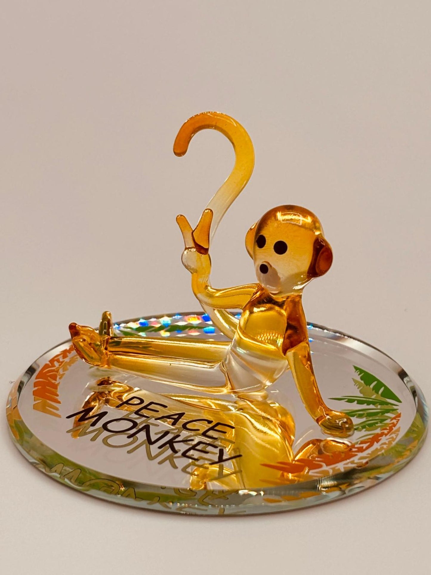 Peace Monkey Glass Figurine | Handcrafted Yellow Monkey Decor with Crystal Accents