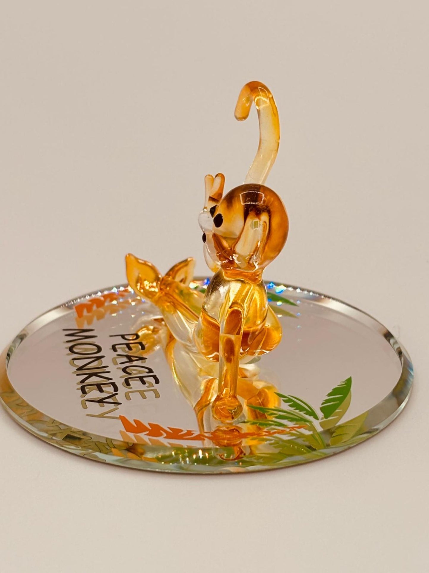 Peace Monkey Glass Figurine | Handcrafted Yellow Monkey Decor with Crystal Accents