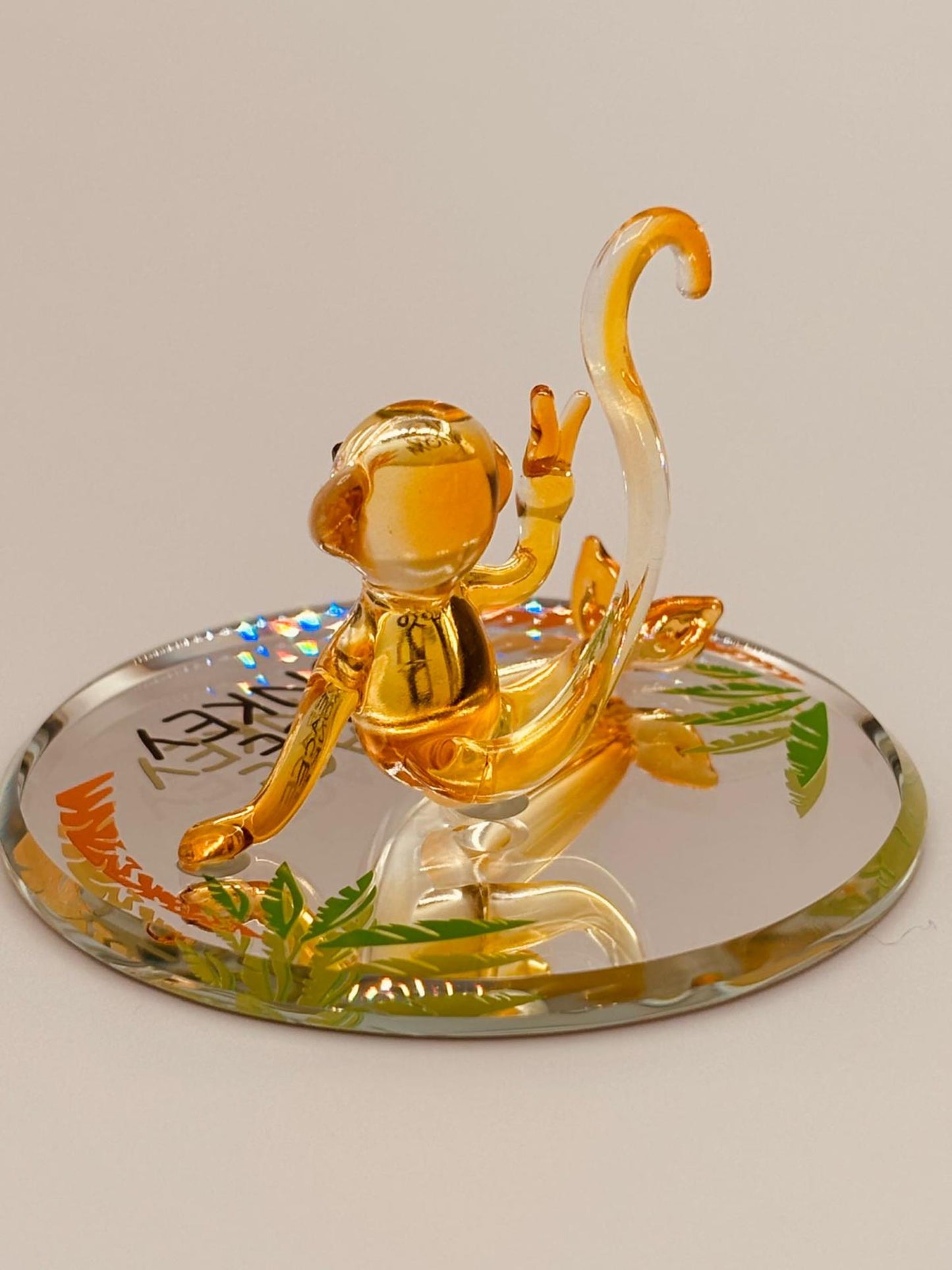 Peace Monkey Glass Figurine | Handcrafted Yellow Monkey Decor with Crystal Accents