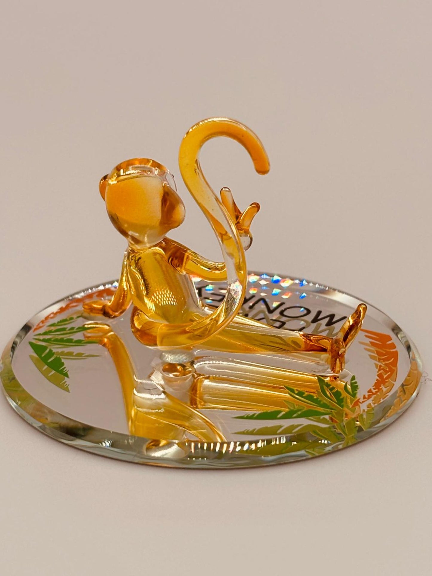 Peace Monkey Glass Figurine | Handcrafted Yellow Monkey Decor with Crystal Accents