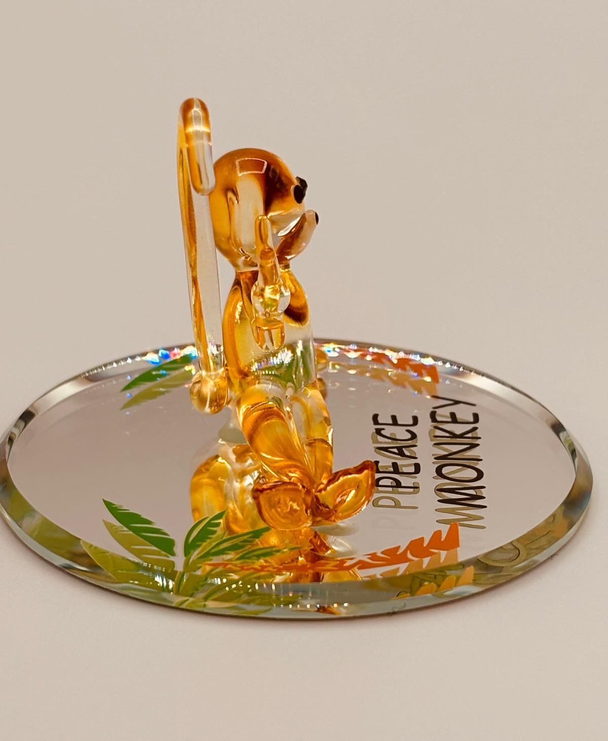 Peace Monkey Glass Figurine | Handcrafted Yellow Monkey Decor with Crystal Accents