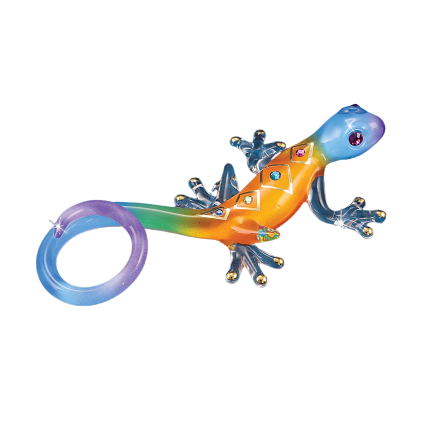 Colorful glass gecko figurine with crystals and curled blue tail