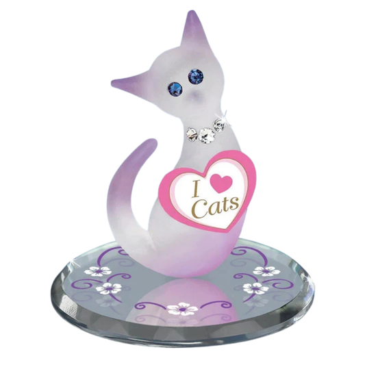 Pink glass cat figurine holding I Love Cats heart on beveled mirror base with crystal collar