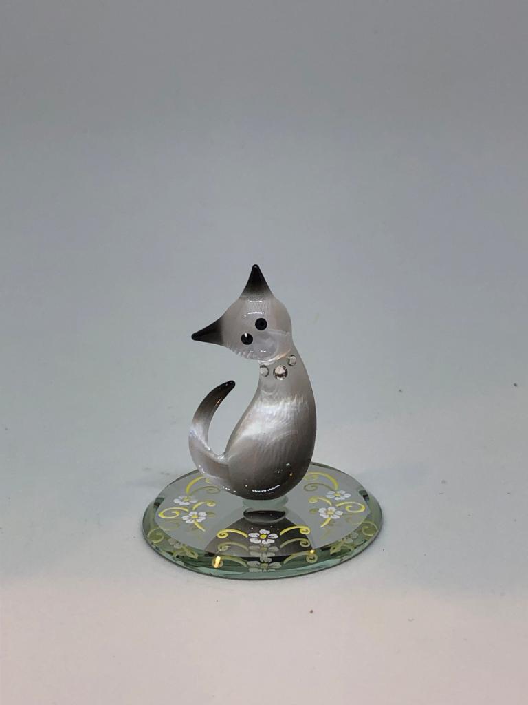 Glass Siamese Cat Handcrafted Figurine with Crystal Accents