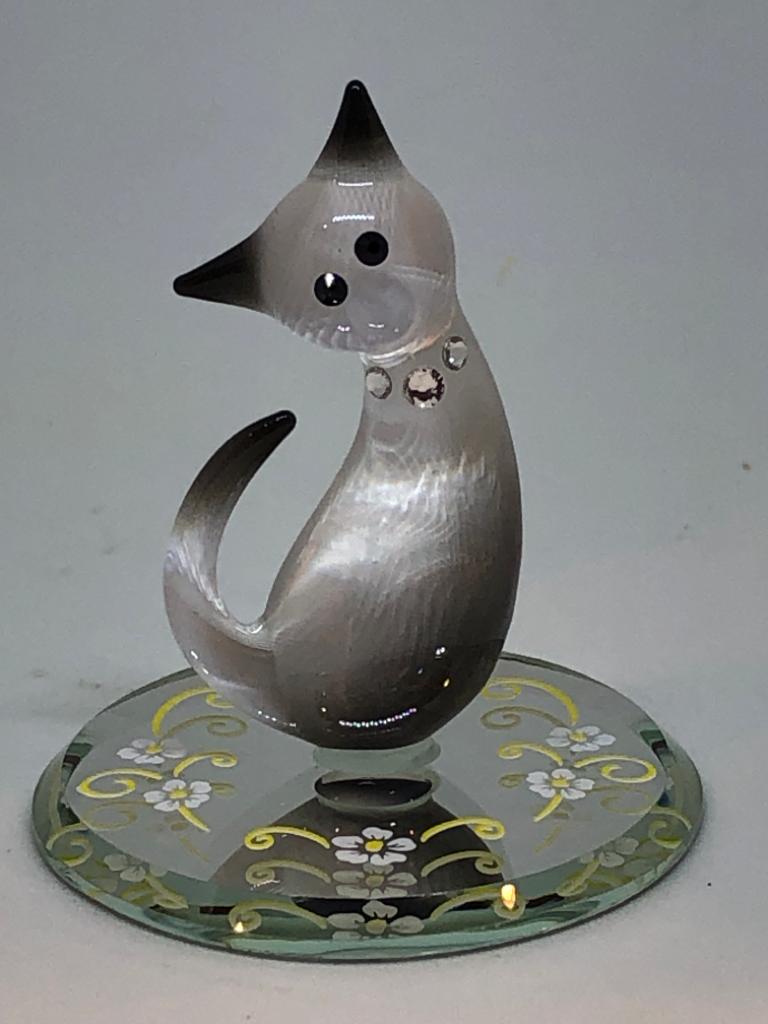 Glass Siamese Cat Handcrafted Figurine with Crystal Accents