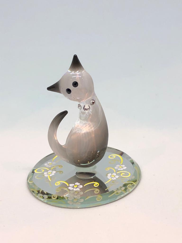Glass Siamese Cat Handcrafted Figurine with Crystal Accents